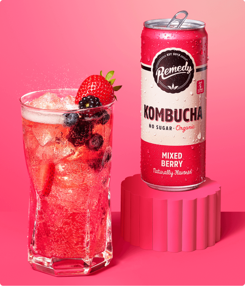 Remedy Kombucha Mixed Berry Can and Glass