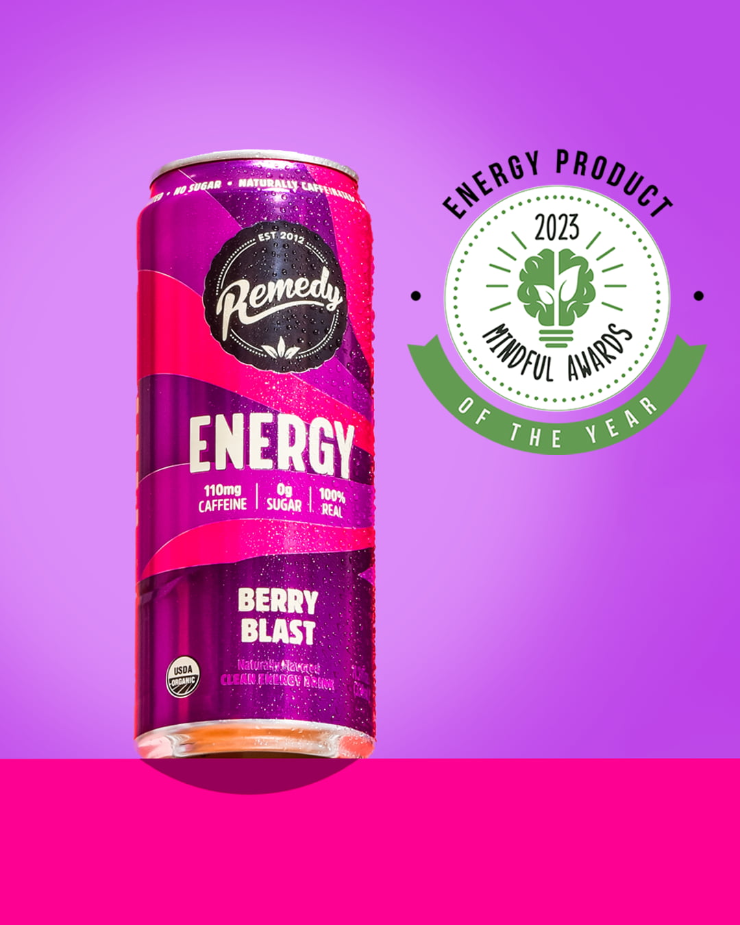 Remedy Energy Berry Blast with Mindful awards logo